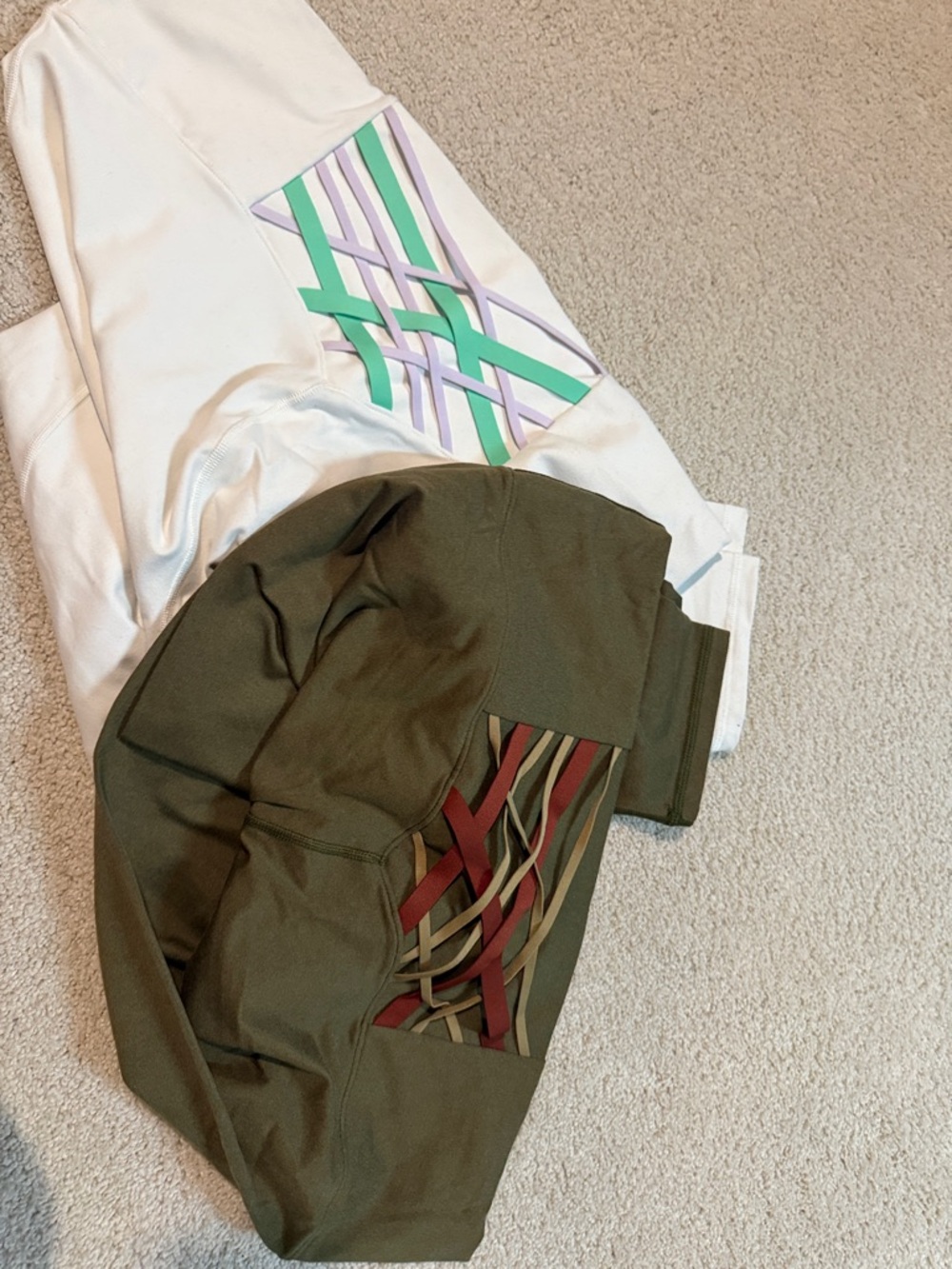 Fabletics Olive Green and White Leggings with Multicolor Weave Detail